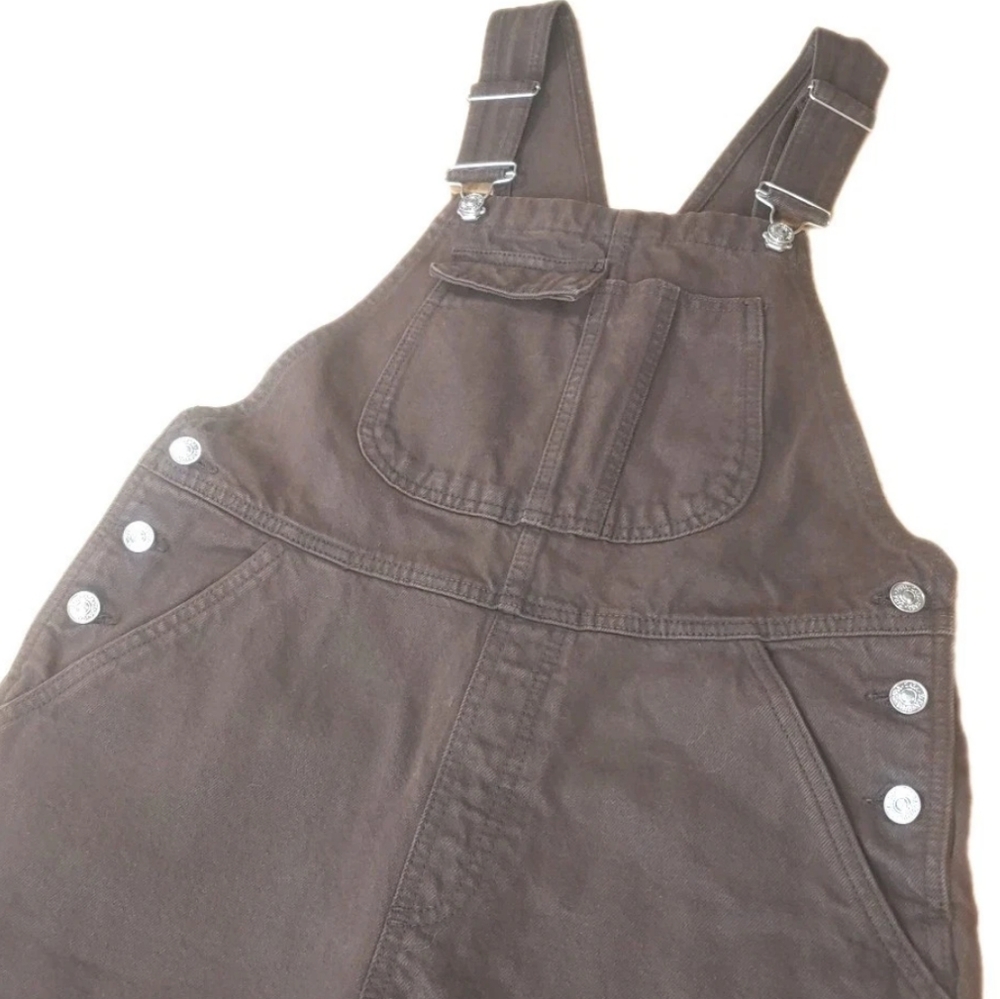 Zara Wide Leg Carpenter Bib Overalls M 34/30 Brown Denim Cargo Utility Raw Hems